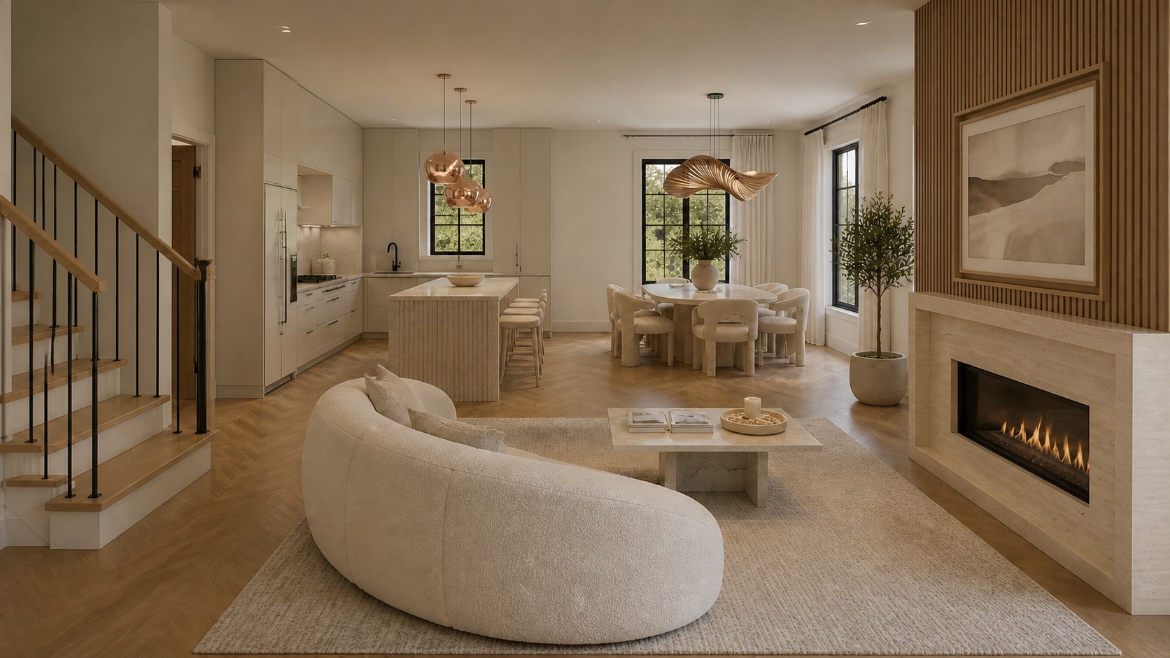 Main living area with vaulted ceiling and gas fireplace at 11 Pierce Ave