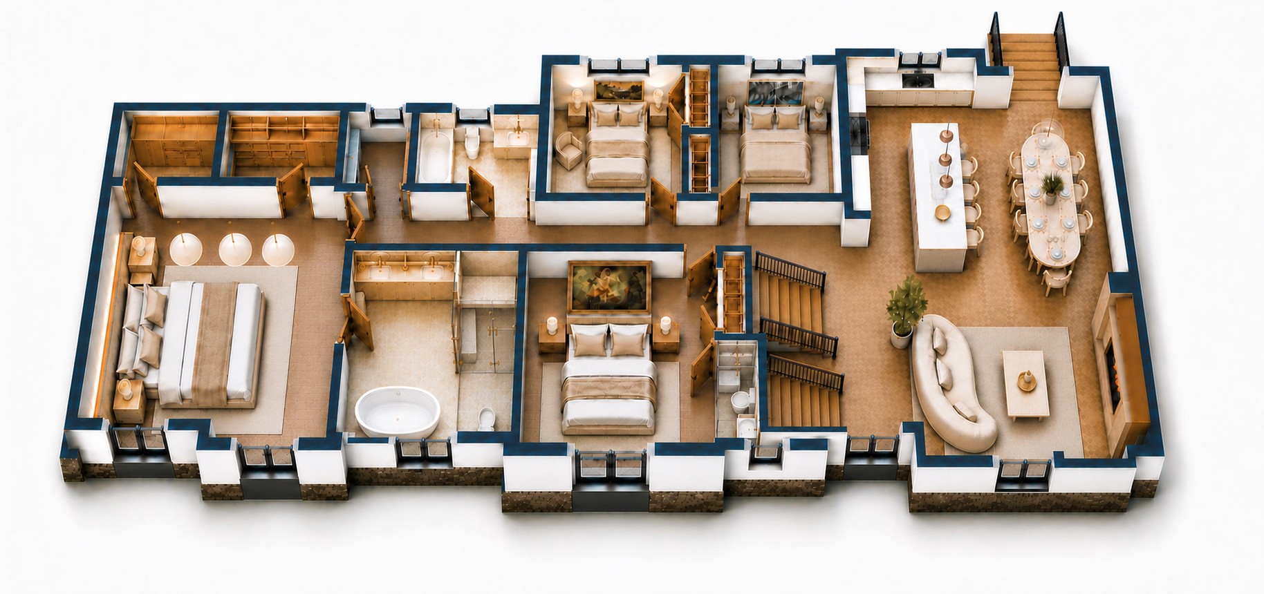 Three-dimensional dollhouse rendering of the main level of 11 Pierce Ave, showing the full furnished floor plan from above