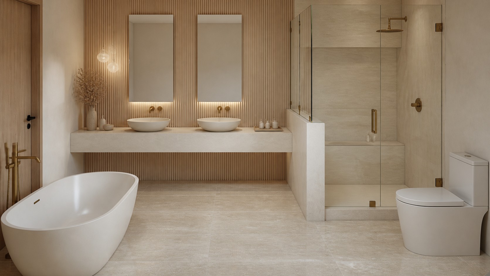 Primary bathroom with a freestanding soaking tub, fluted wood accent wall, and glass shower at 11 Pierce Ave