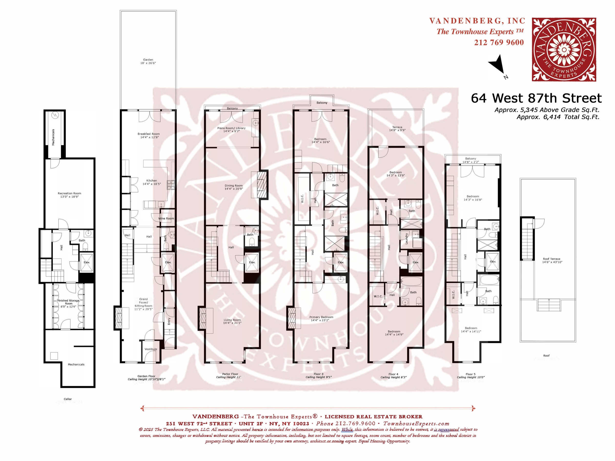 Combined floor plan of 64 West 87th Street showing the cellar, garden floor, parlor floor, third, fourth and fifth floors, and roof terrace