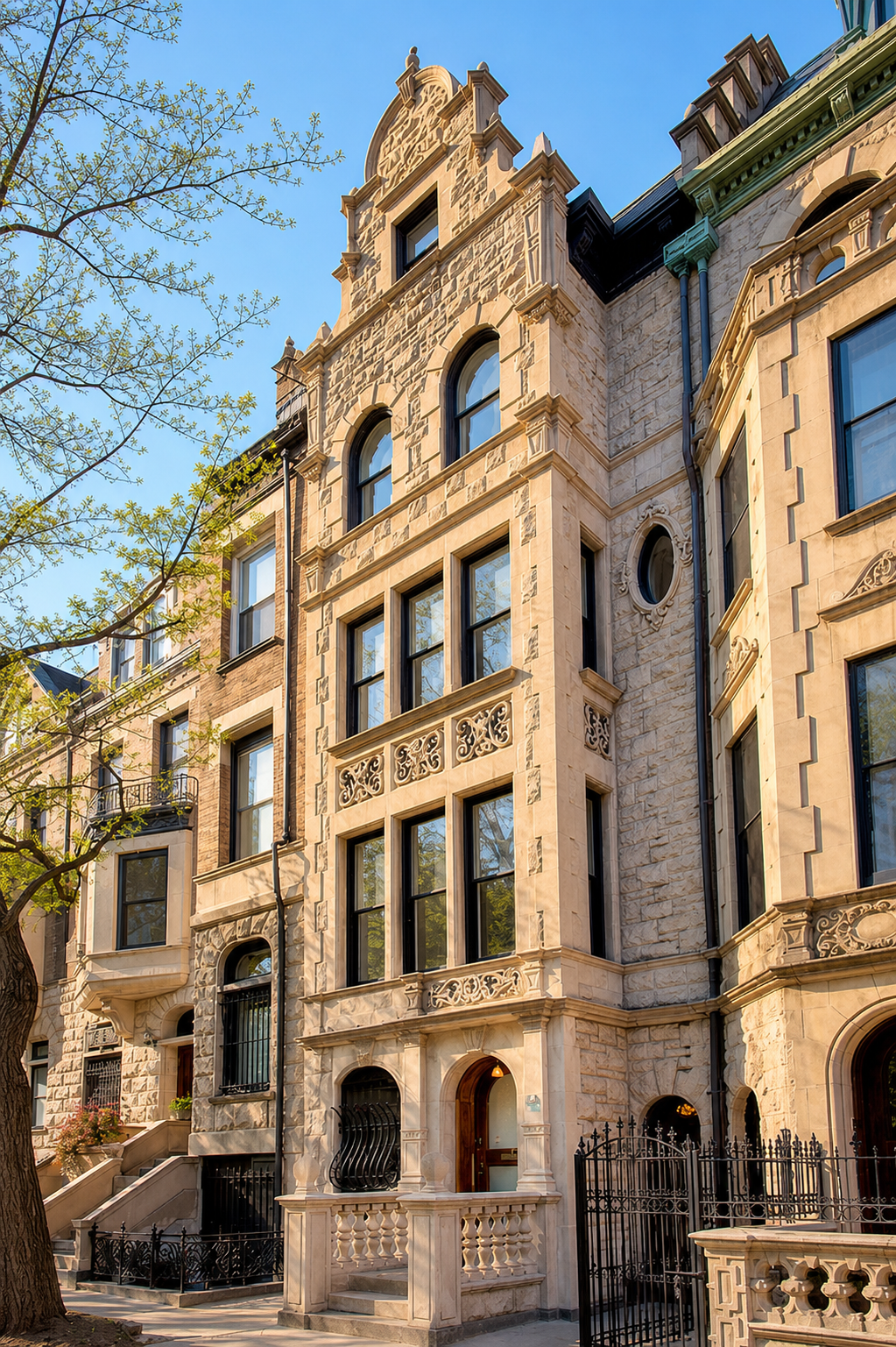 64 West 87th Street’s Jacobean Revival limestone facade in daylight