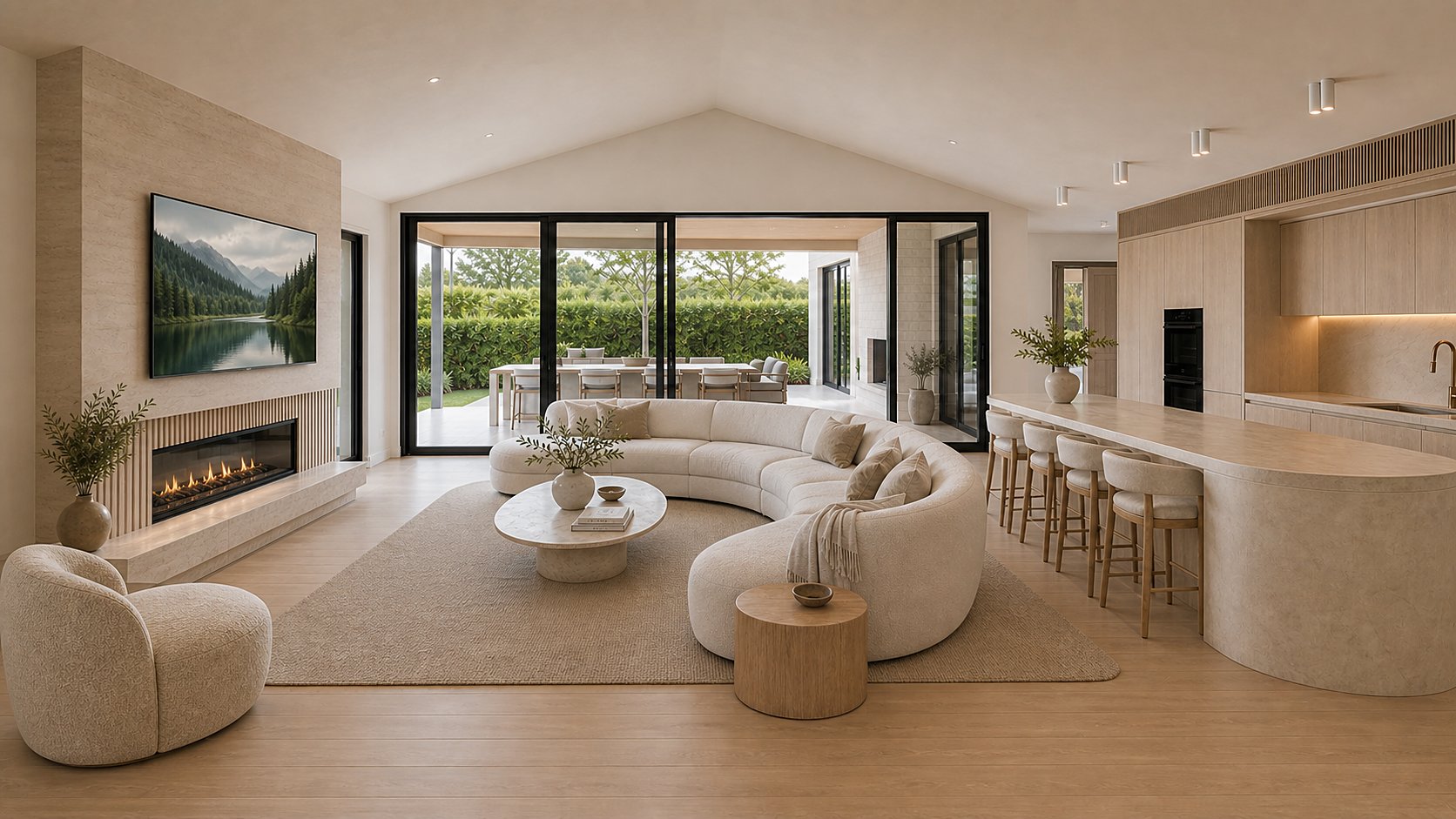 Rendering of the Lionshead Ranch vaulted great room with fireplace